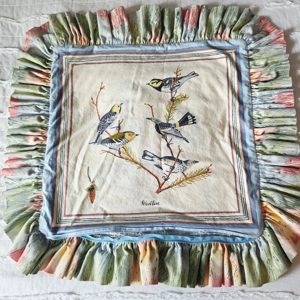 Handmade Warblers Bird Pillow Sham 22x22 Ruffle Cottagecore Nature Print Zipper